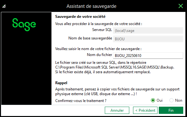 Sage 100 - Assistant de sauvegarde