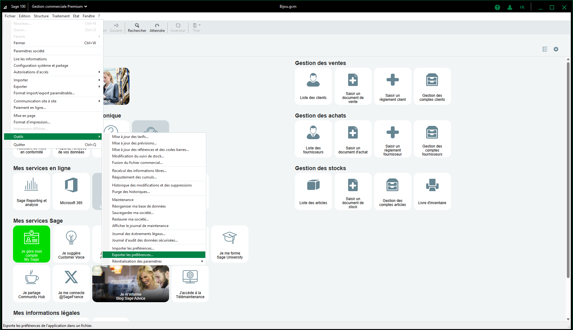Sage 100 - menu export des préférences